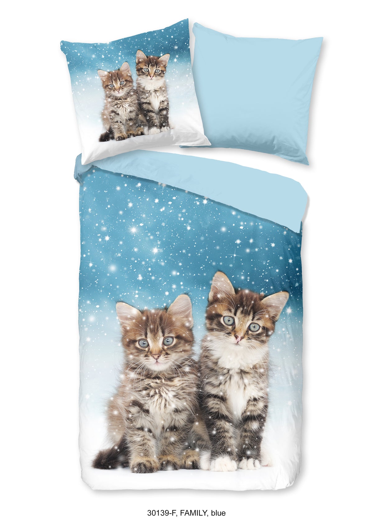 Good Morning Kinder-Flanellbettwäsche „Familie“ – mit süßen Katzenmotiven in Blau