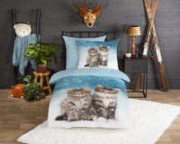 Good Morning Kinder-Flanellbettwäsche „Familie“ – mit süßen Katzenmotiven in Blau