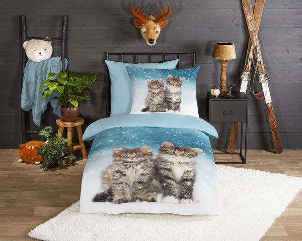 Good Morning Kinder-Flanellbettwäsche „Familie“ – mit süßen Katzenmotiven in Blau