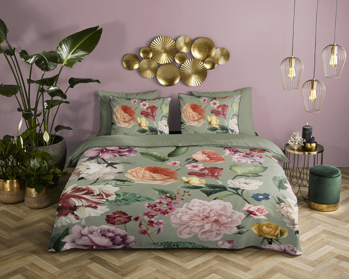 Descanso Satin Bettdecke "Fiori" - Grün - Dubbele instopflap