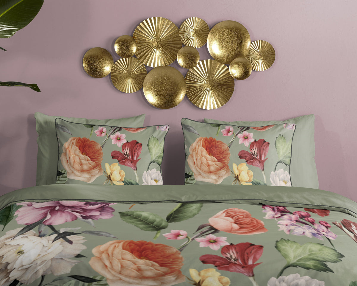 Descanso Satin Bettdecke "Fiori" - Grün - Dubbele instopflap