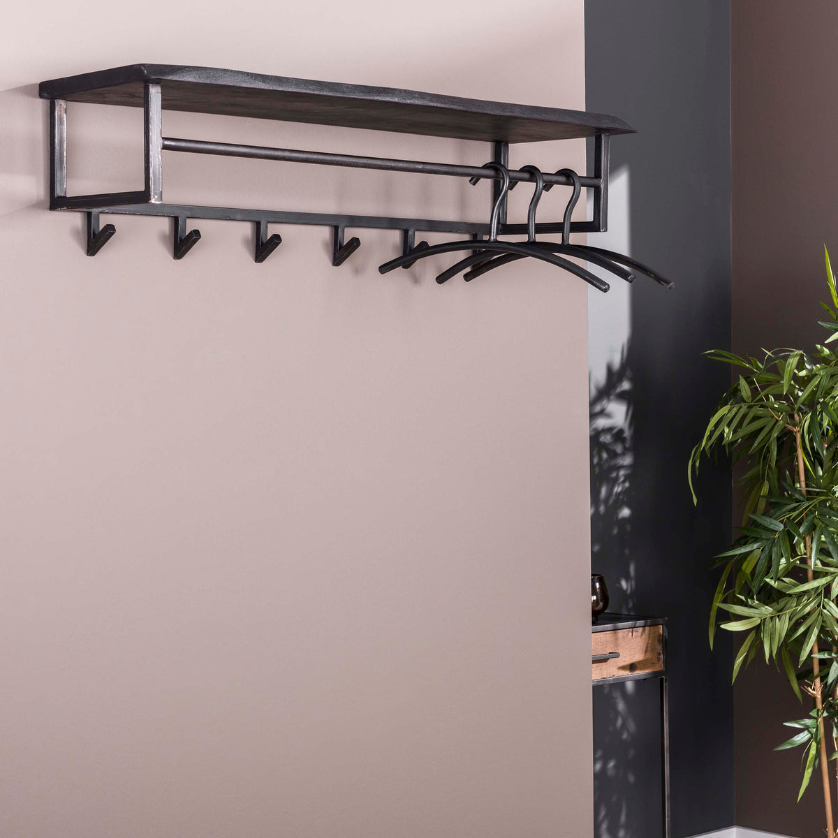 Garderobe Yucon Hutablage 6 Haken / Massive Akazie schwarz