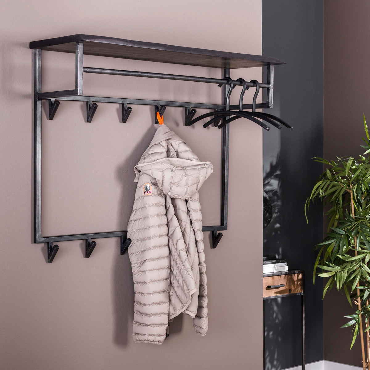 YUCON Garderobe hoch mit Hutablage 100 cm lang – Massive Akazie schwarz
