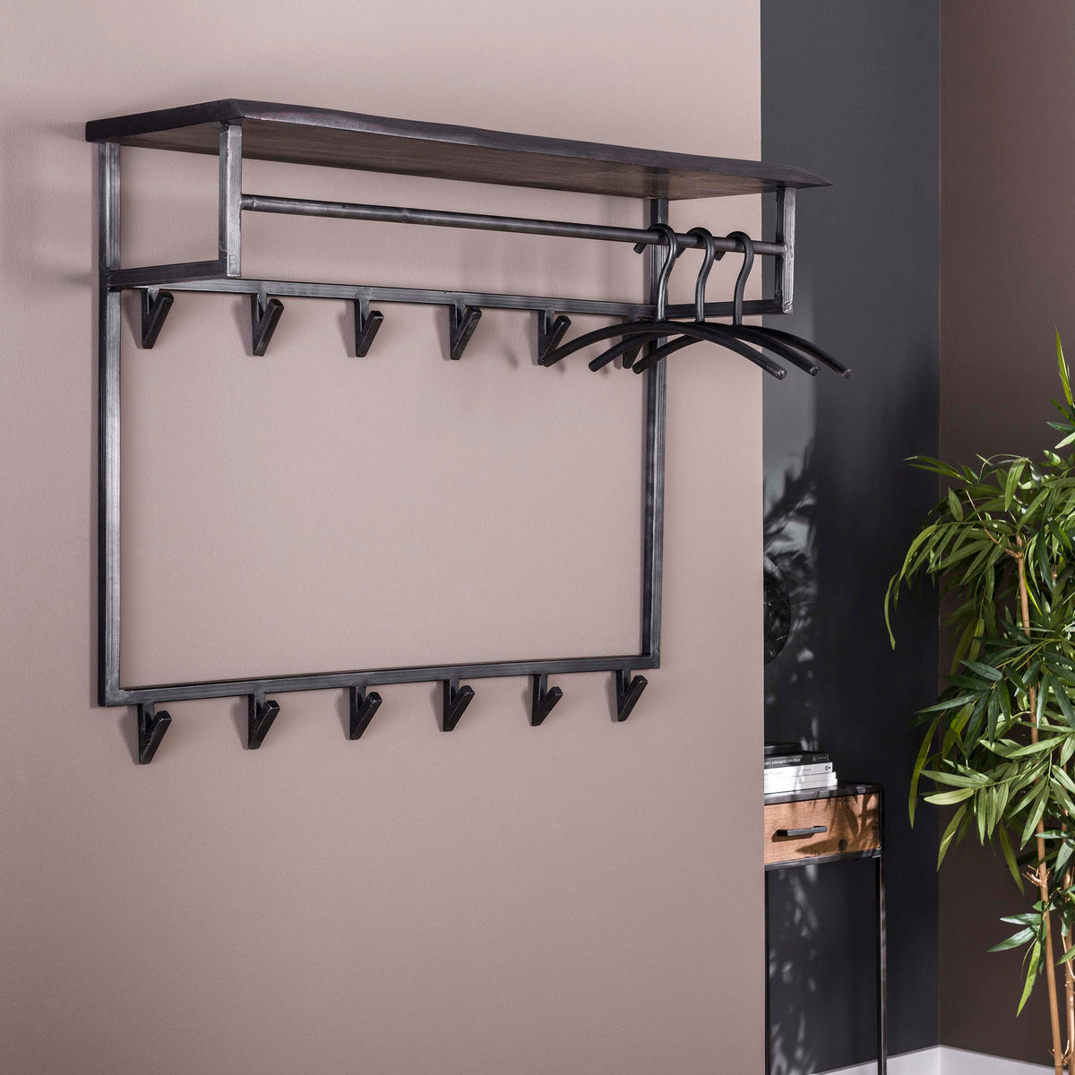 YUCON Garderobe hoch mit Hutablage 100 cm lang – Massive Akazie schwarz