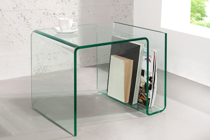 FANTOME Extravaganter Glas Couchtisch 50cm Beistelltisch mit Ablage für Magazine transparent