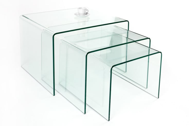 FANTOME Design 3er Set Glas Couchtisch 60cm Beistelltische transparent