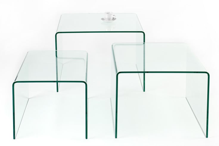 FANTOME Design 3er Set Glas Couchtisch 60cm Beistelltische transparent