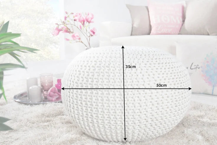 LEEDS Design Strick Pouf 50cm weiß Baumwolle handgearbeitetes Sitzkissen