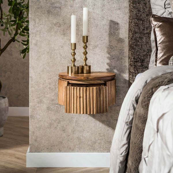 WAVE Nachttisch rund XS schwebend 1 Schublade / Massiv Mango sand