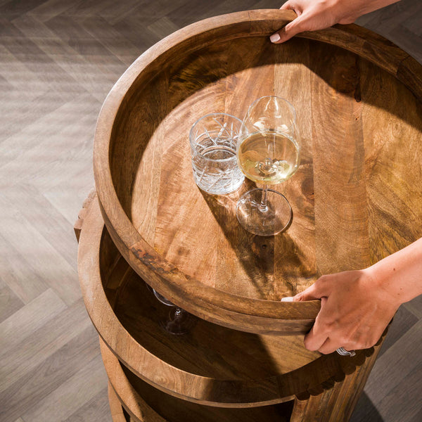 WAVE Ablagetisch Beistelltisch Weintrolley rund mit Rollen/ Massiv Mango sand