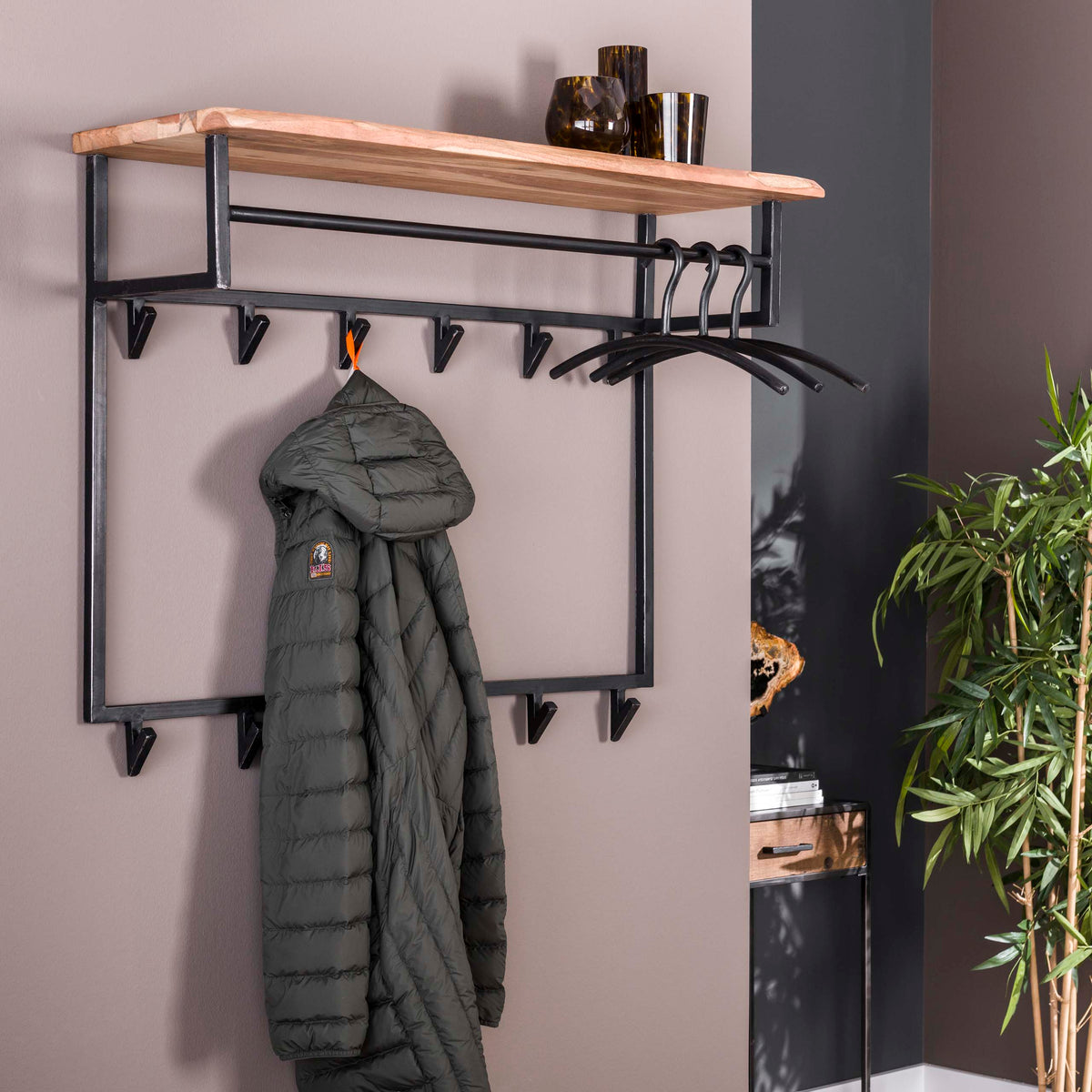 Garderobe Edge hoch Kleiderstange und Hutablage 12 Haken / Massiv Akazie