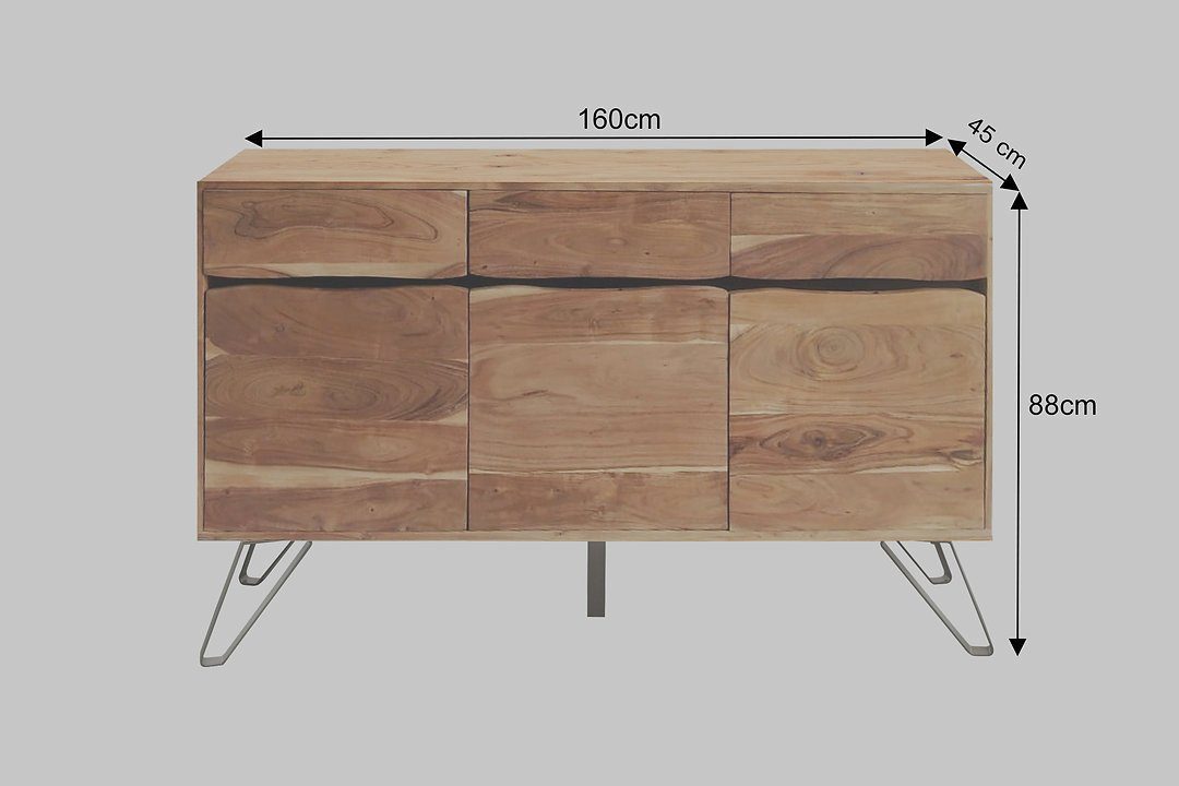 Sideboard LIVING EDGE Massives Sideboard 160cm Akazienholz mit Baumkante