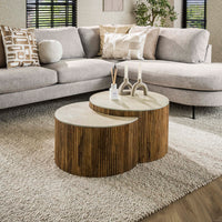 NUOVO Couchtisch halbrund 2er Set / Massiv Mango Keramik Travertinoptik