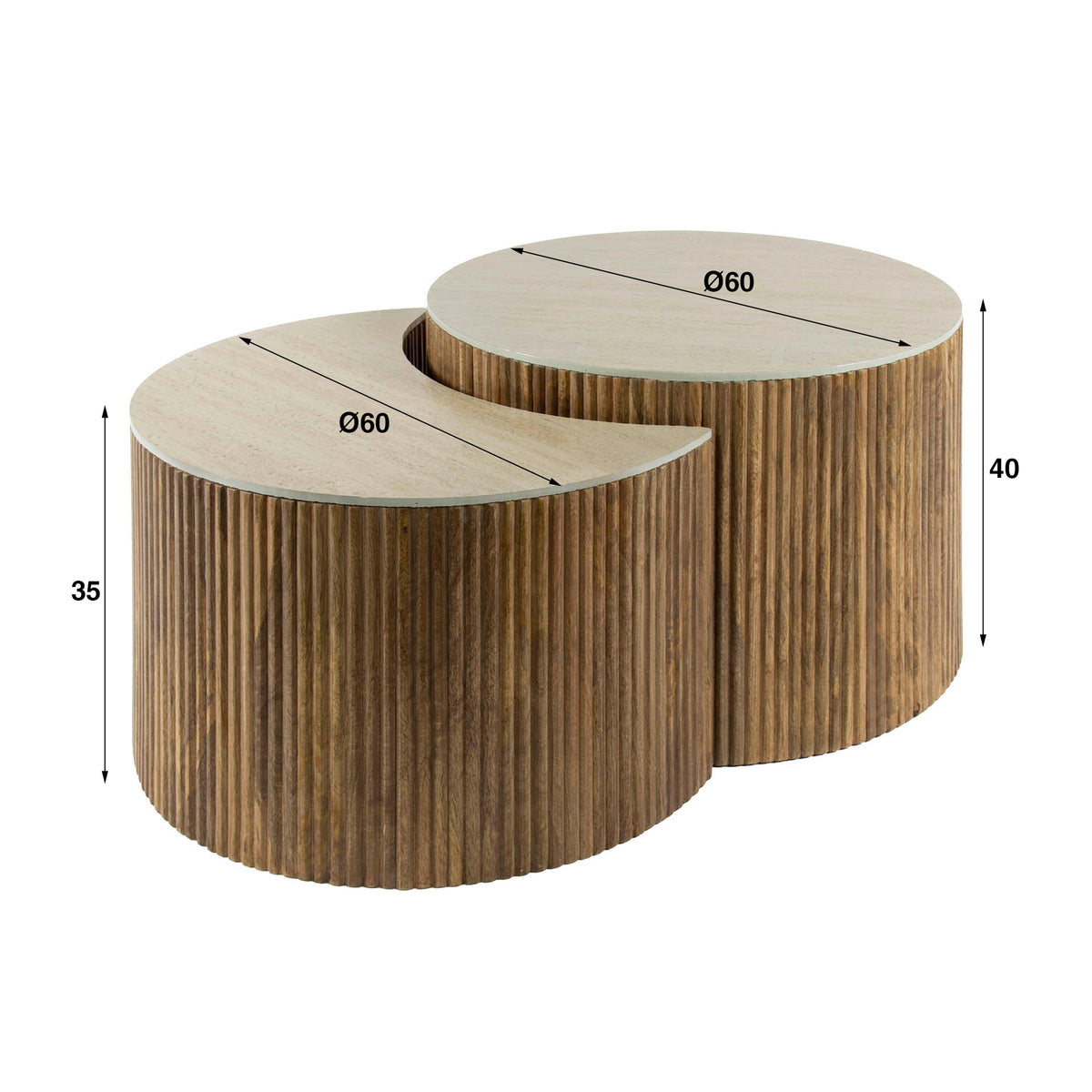NUOVO Couchtisch halbrund 2er Set / Massiv Mango Keramik Travertinoptik