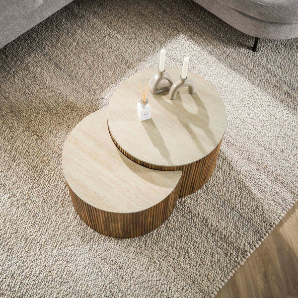 NUOVO Couchtisch halbrund 2er Set / Massiv Mango Keramik Travertinoptik
