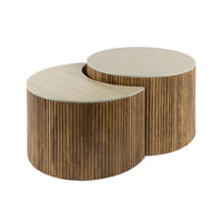 NUOVO Couchtisch halbrund 2er Set / Massiv Mango Keramik Travertinoptik