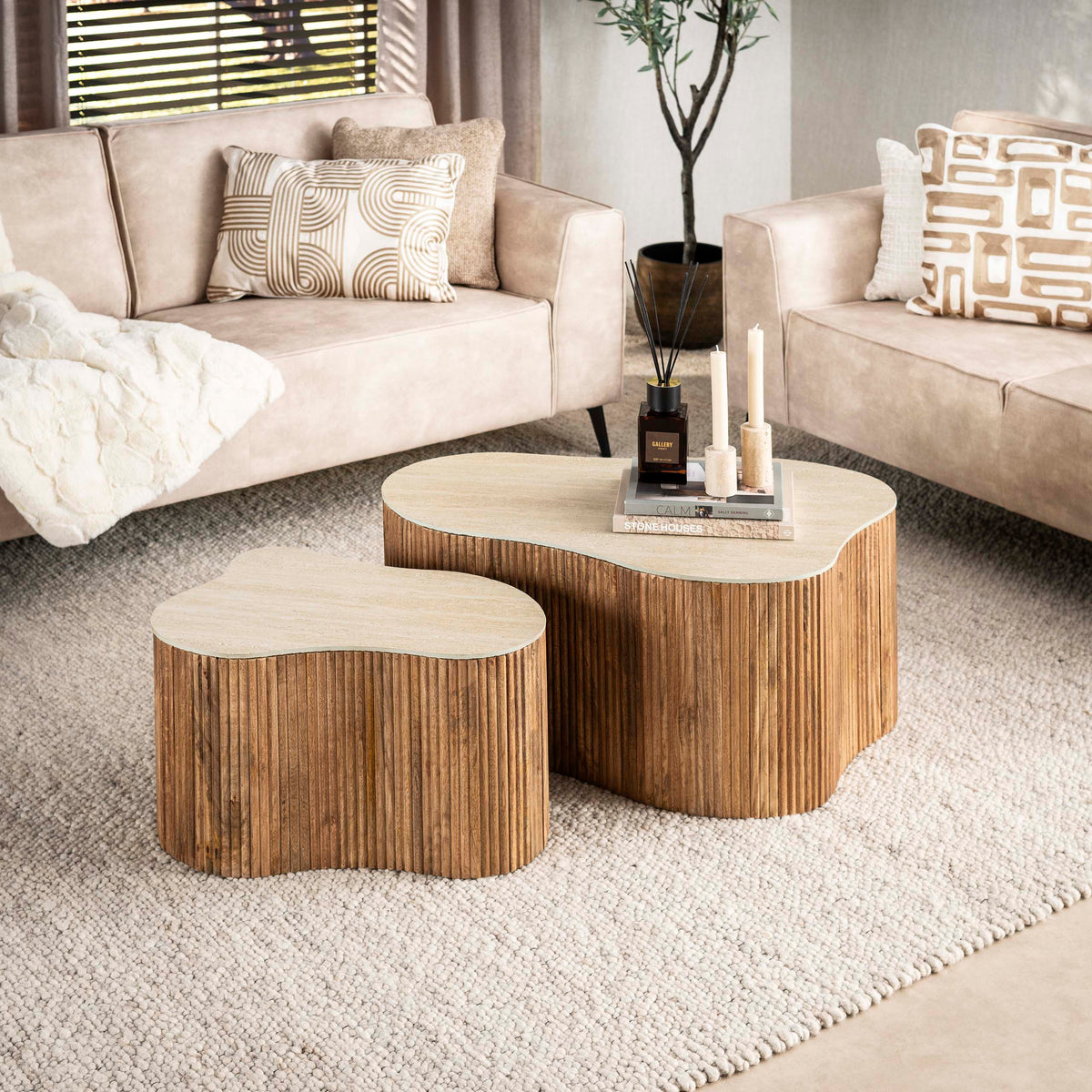 Nuovo Kleeblatt Couchtisch 2er Set Mangoholz Keramik Travertinoptik