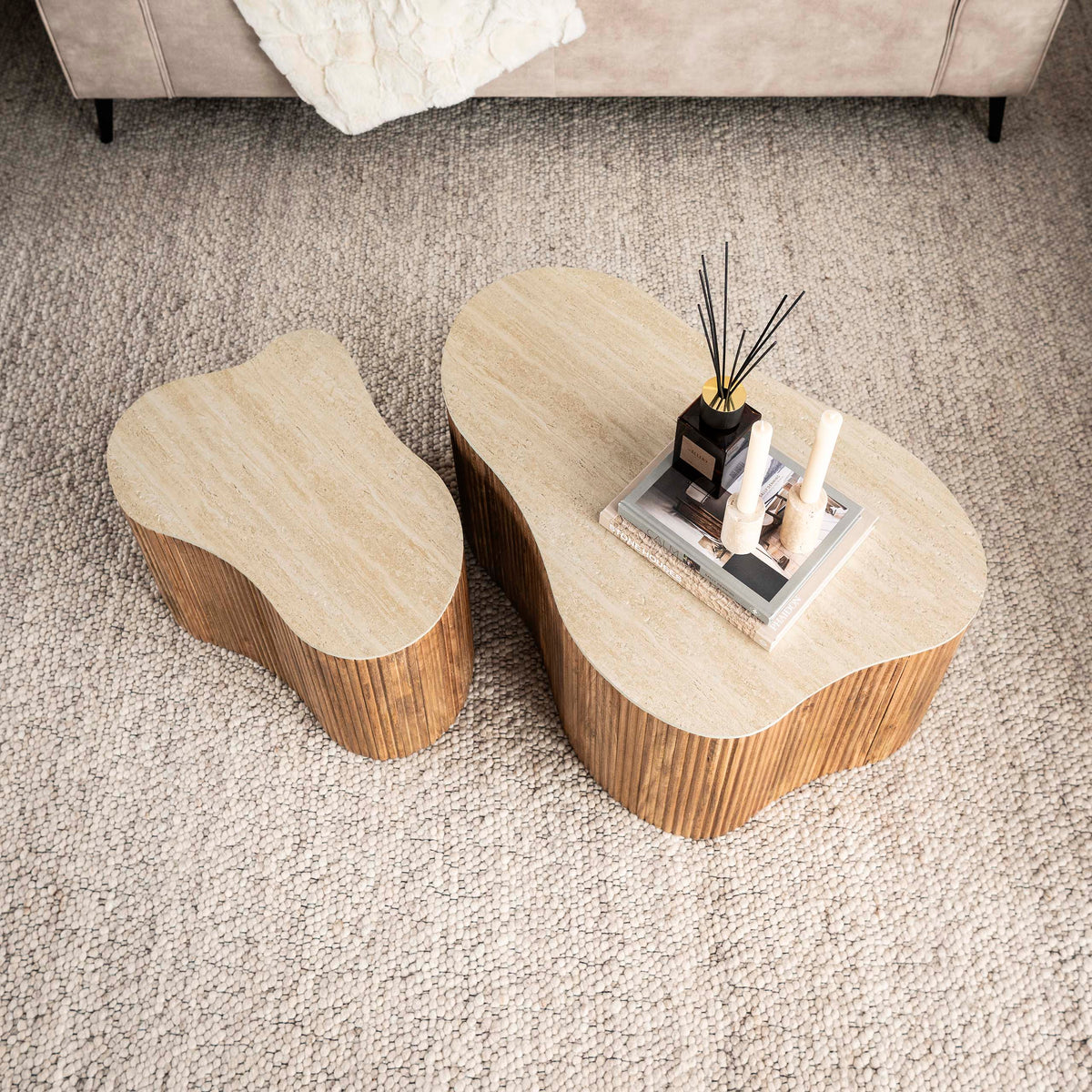 Nuovo Kleeblatt Couchtisch 2er Set Mangoholz Keramik Travertinoptik