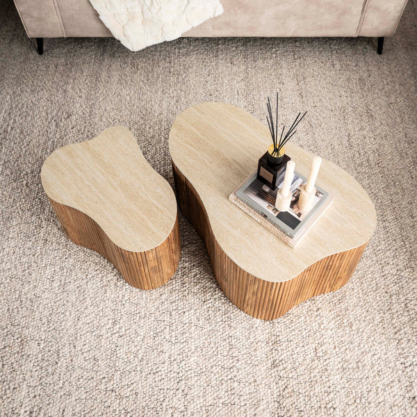 Nuovo Kleeblatt Couchtisch 2er Set Mangoholz Keramik Travertinoptik