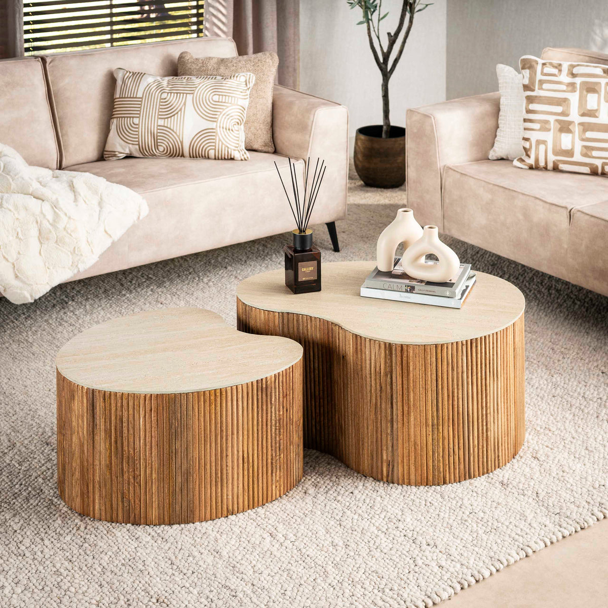 Nuovo organisch Couchtisch 2er Set Mangoholz Keramik Travertinoptik
