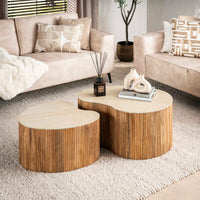 Nuovo organisch Couchtisch 2er Set Mangoholz Keramik Travertinoptik