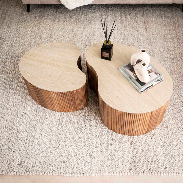 Nuovo organisch Couchtisch 2er Set Mangoholz Keramik Travertinoptik