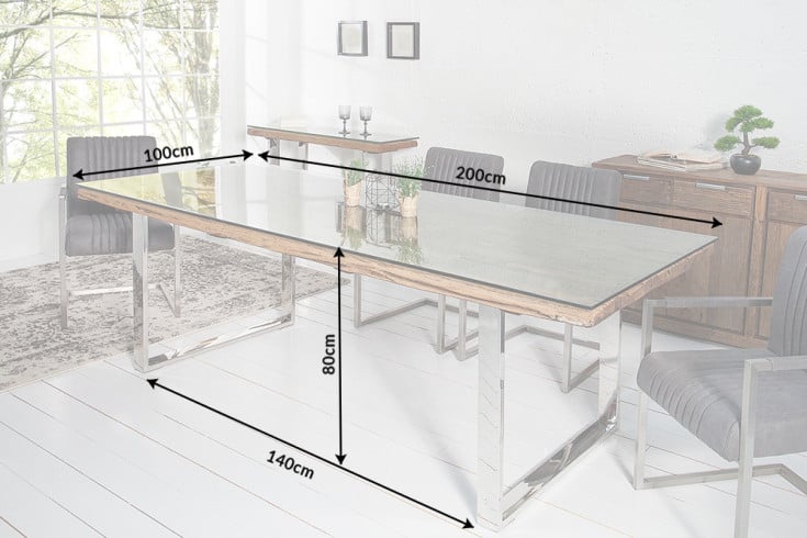 BARRACUDA solid dining table 180cm antique teak wood with steel sled feet including glass top