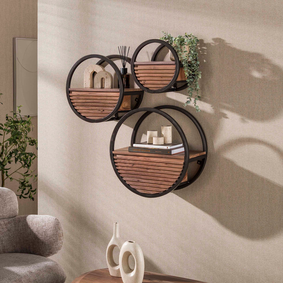 WANDREGAL CIRCULAR MIT SCHUBLADE – MASSIV AKAZIE BRAUN