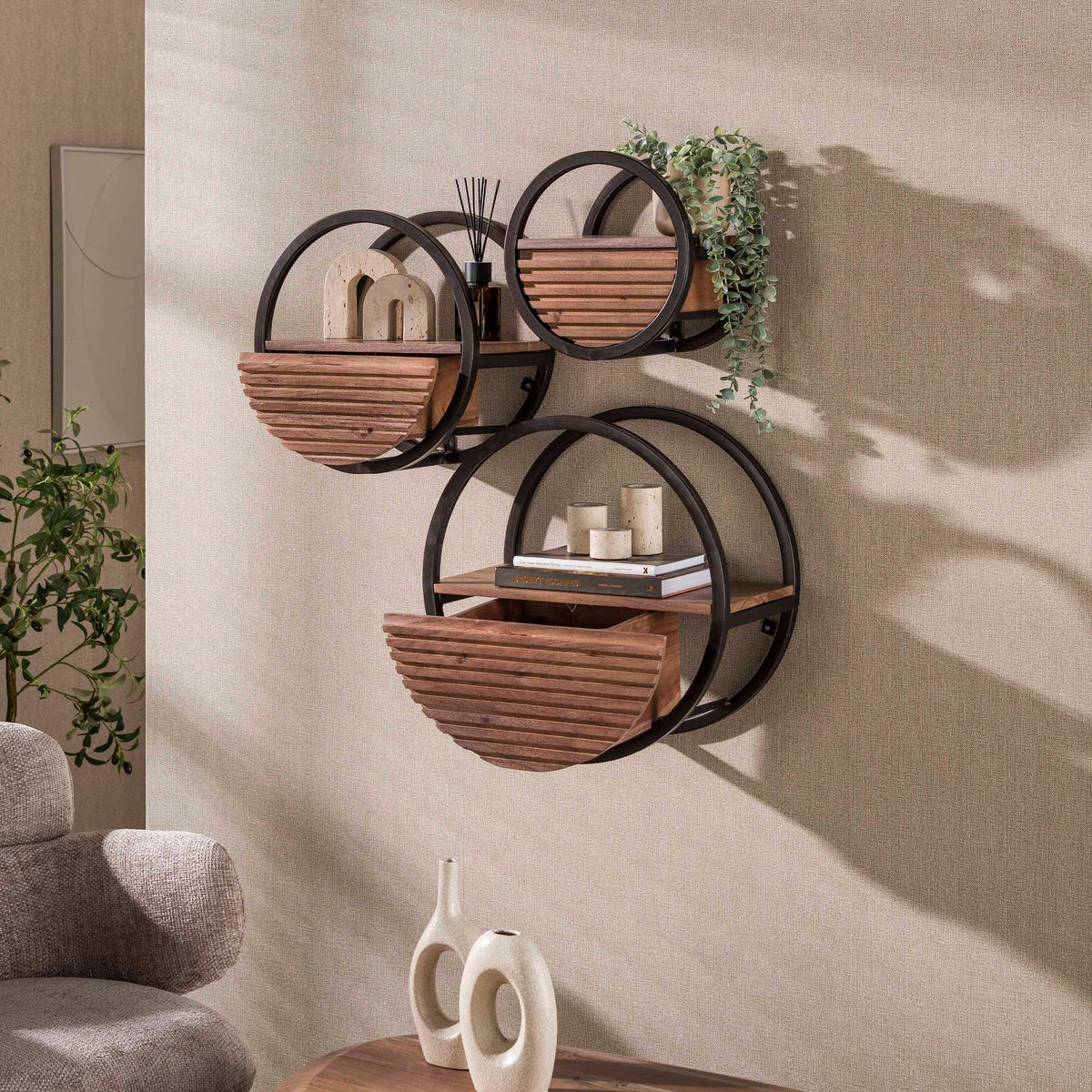 WANDREGAL CIRCULAR MIT SCHUBLADE – MASSIV AKAZIE BRAUN