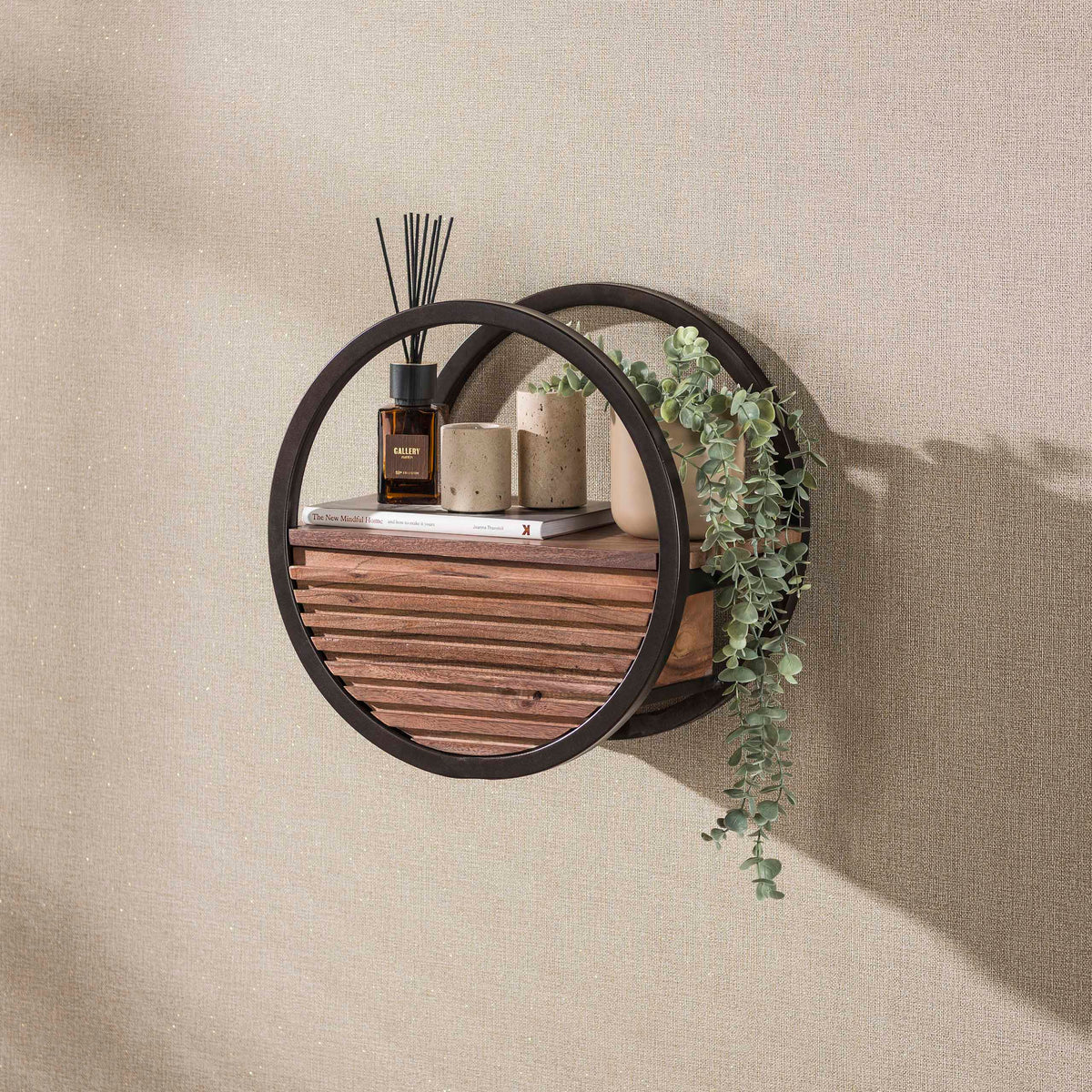 WANDREGAL CIRCULAR MIT SCHUBLADE – MASSIV AKAZIE BRAUN