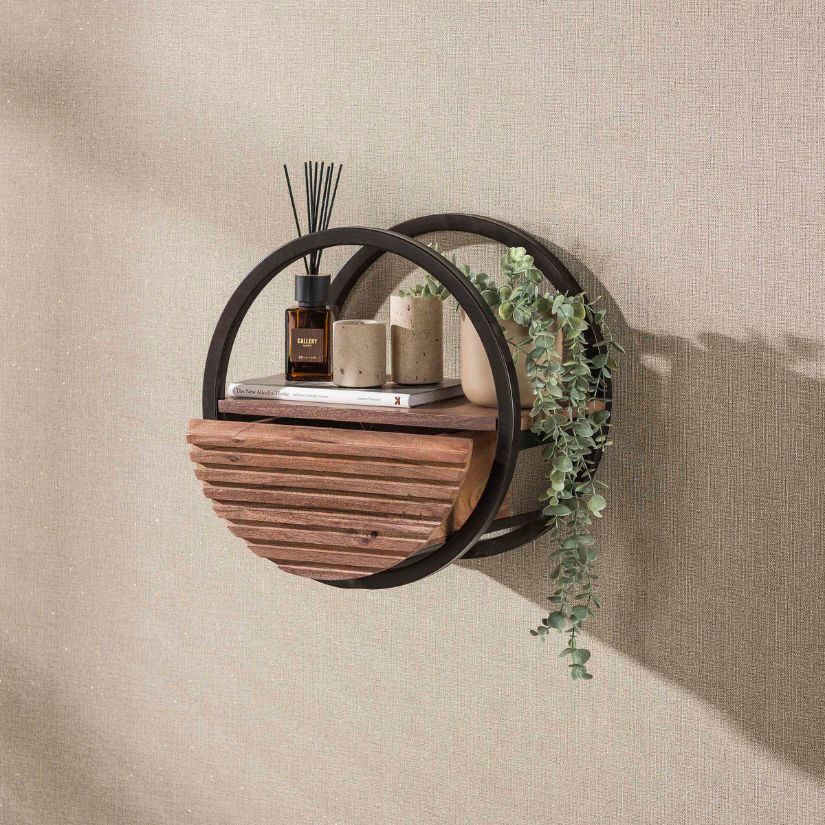 WANDREGAL CIRCULAR MIT SCHUBLADE – MASSIV AKAZIE BRAUN