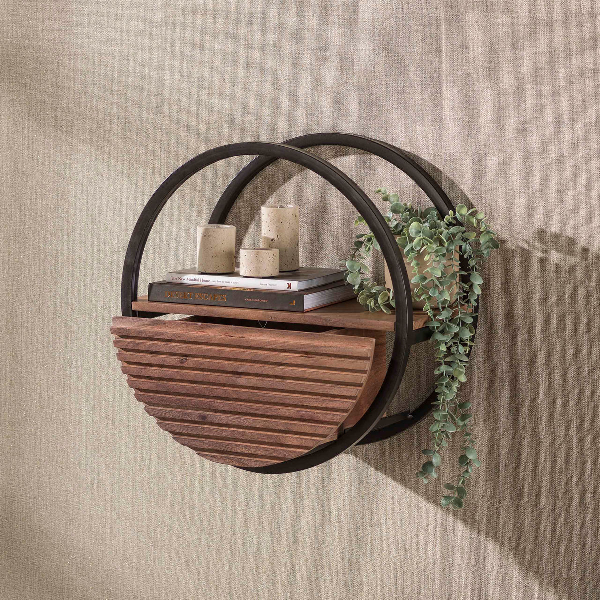 WANDREGAL CIRCULAR MIT SCHUBLADE – MASSIV AKAZIE BRAUN