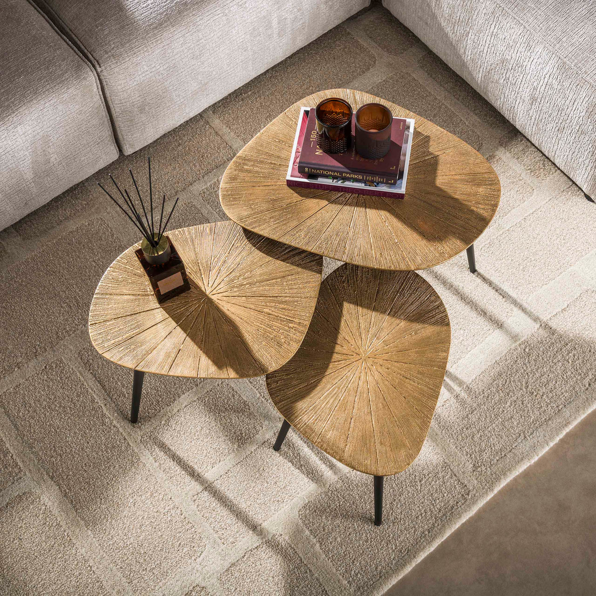 RAY Couchtisch Set aus 3 viereckig / Ray Antikgold