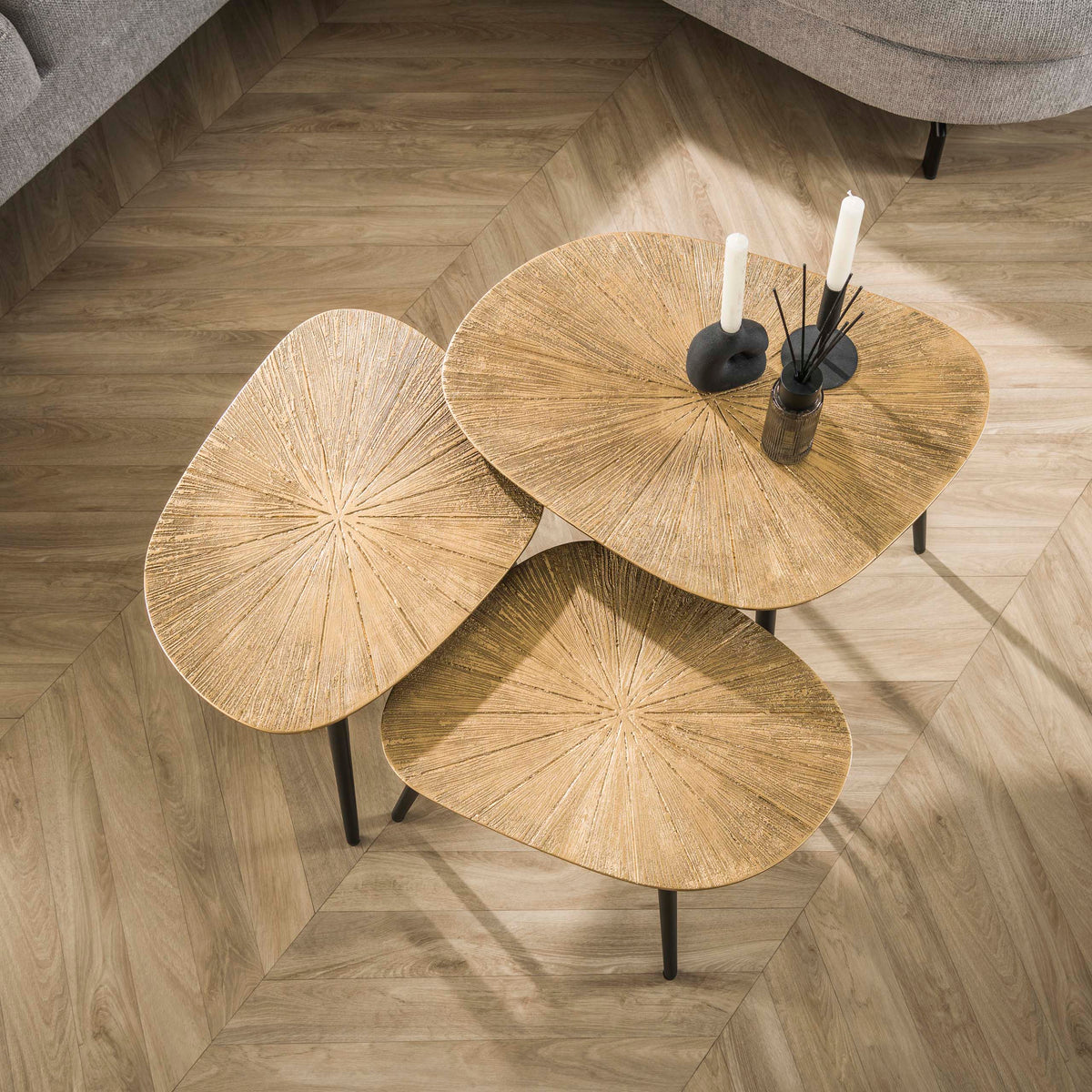 RAY Couchtisch Set aus 3 viereckig / Ray Antikgold