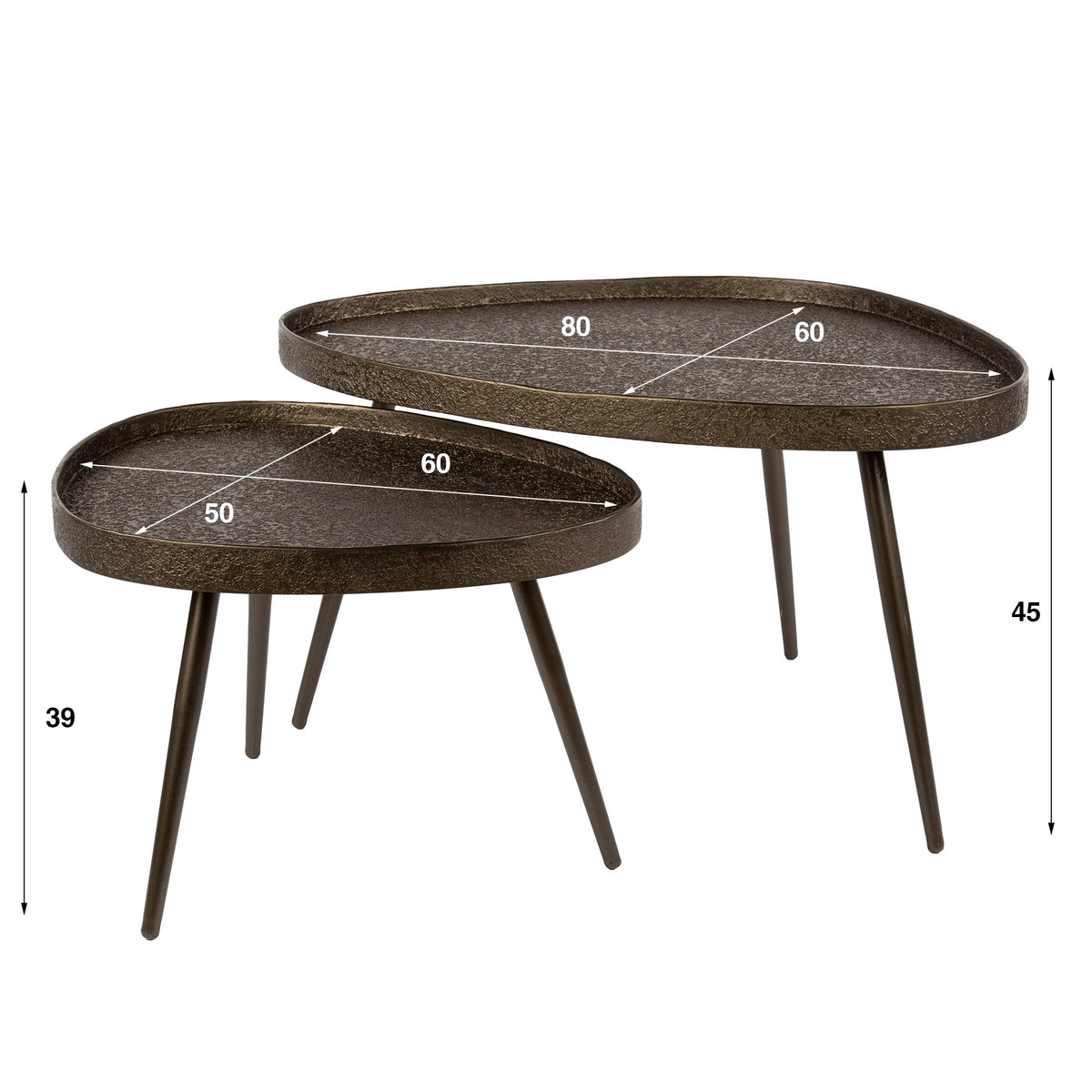 Couchtisch Set aus 2 dreieckig / Bronzefarbenes Liquid Metal