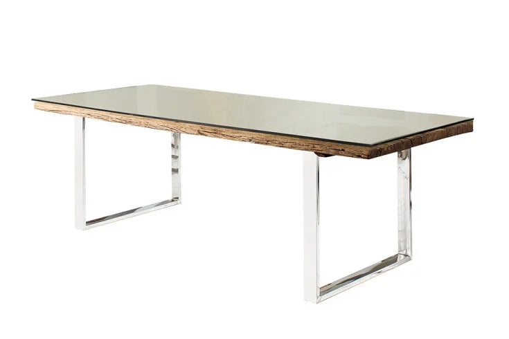 BARRACUDA solid dining table 240cm antique teak wood with steel sled feet including glass top