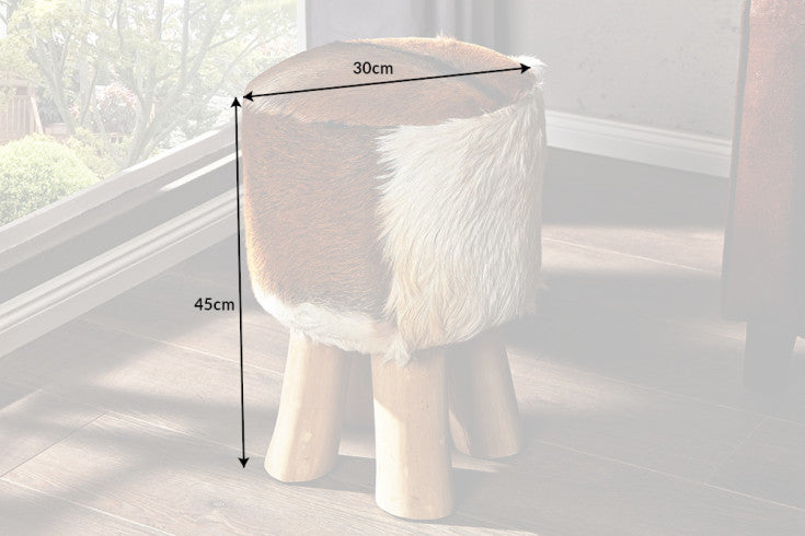 HIDE Design stool 45cm brown white with goatskin and teak