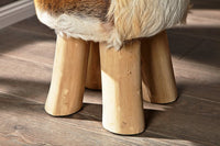 HIDE Design stool 45cm brown white with goatskin and teak