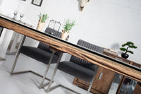 BARRACUDA solid dining table 180cm antique teak wood with steel sled feet including glass top