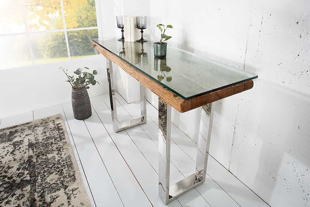 Massive Konsole BARRACUDA 120cm Teak mit Stahl Kufenfüßen inkl. Glasplatte