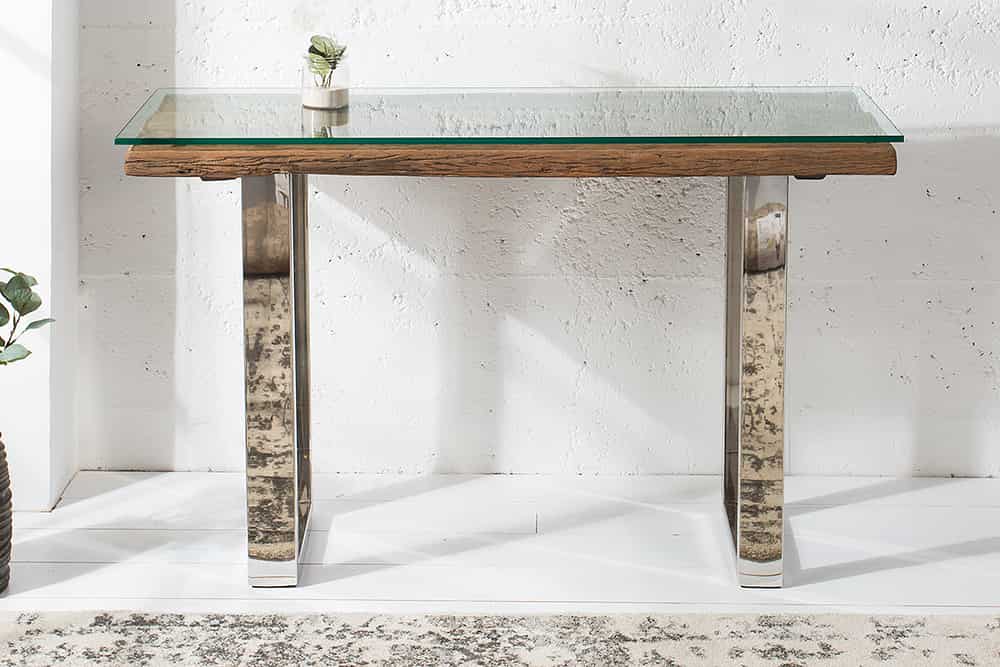 Massive Konsole BARRACUDA 120cm Teak mit Stahl Kufenfüßen inkl. Glasplatte