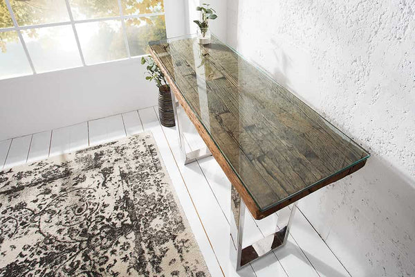 Massive Konsole BARRACUDA 120cm Teak mit Stahl Kufenfüßen inkl. Glasplatte