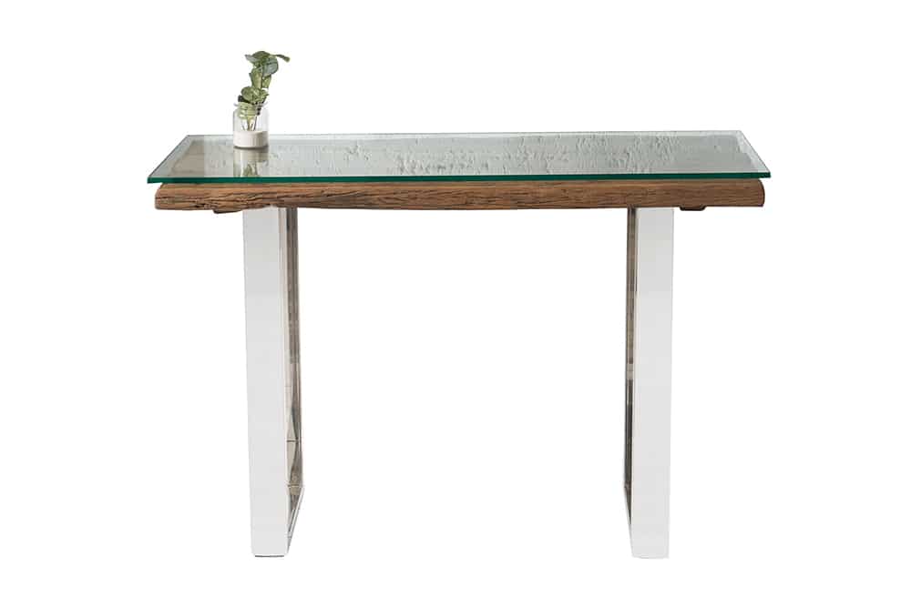 Massive Konsole BARRACUDA 120cm Teak mit Stahl Kufenfüßen inkl. Glasplatte