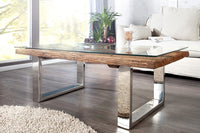 BARRACUDA Eindrucksvoller Couchtisch 110cm antik Teakholz mit Kufengestell und Glas