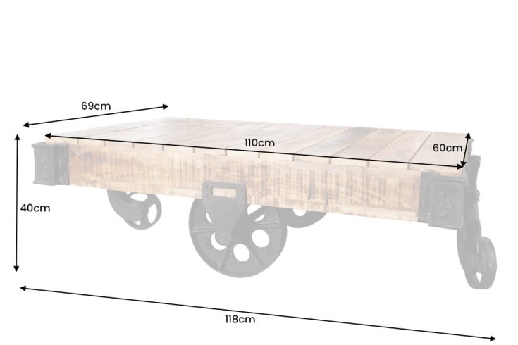 RAILWAY Massiver Design Couchtisch 110cm Mangoholz mit 4 Rädern