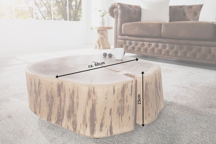 GOA Baumstamm Couchtisch 60cm natur Akazie Massivholz rund mit Rollen Unikat