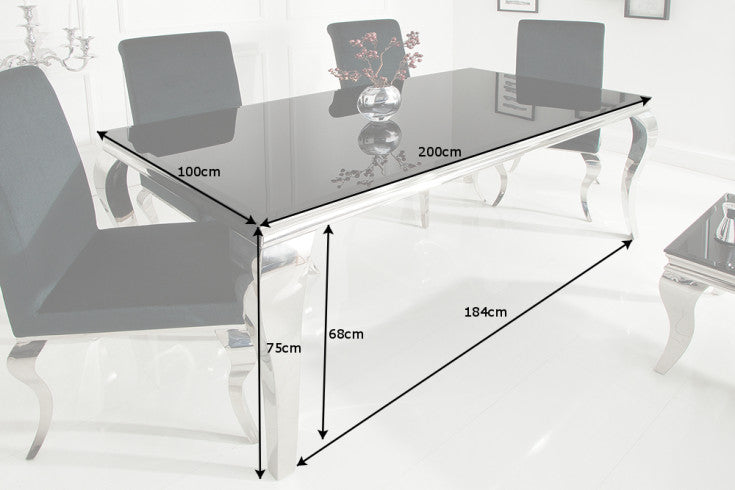 MODERN BAROQUE Elegant dining table 200cm glass top in marble look stainless steel legs