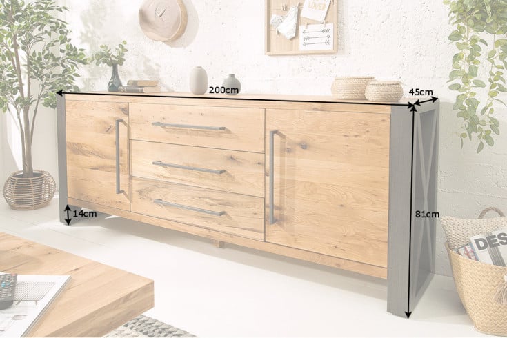 THOR Massives Sideboard 200cm Wild Eiche geölt im Industrial Design