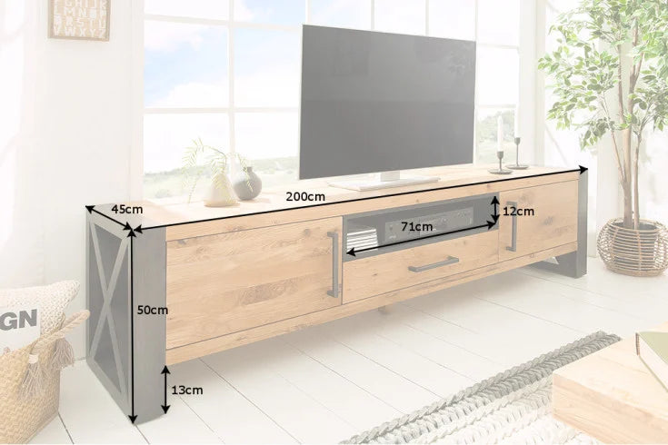 THOR Massives TV-Board 200cm Wild Eiche geölt Lowboard im Industrial Design