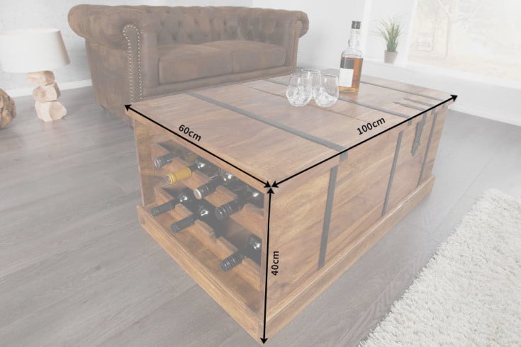 BODEGA Massivholz Couchtisch 100cm Sheesham stone finish Hausbar Truhe mit Stauraum Weinregal